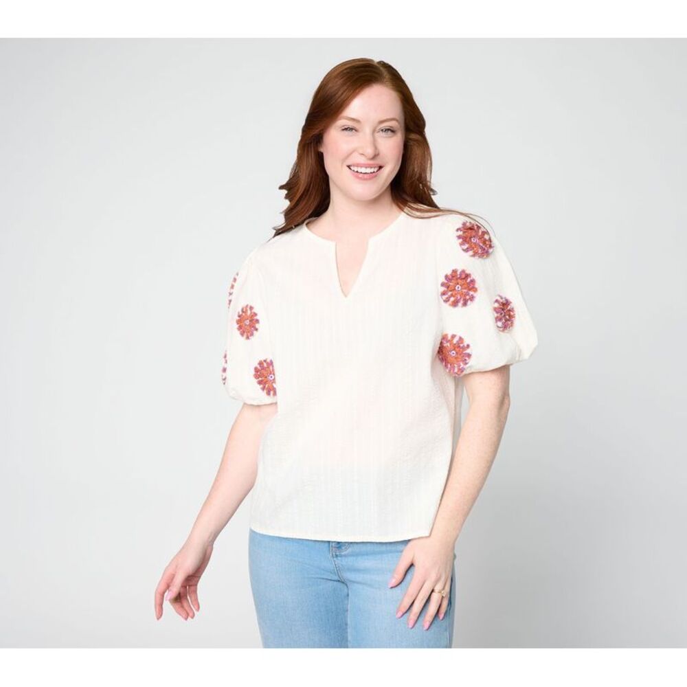 Studio Park Women's Top Sz M Embroidered Puff Sleeve Blouse Multi-colored